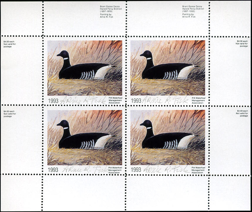 1993 Pitt Waterfowl Brant Goose Decoy by H P Bicknel  